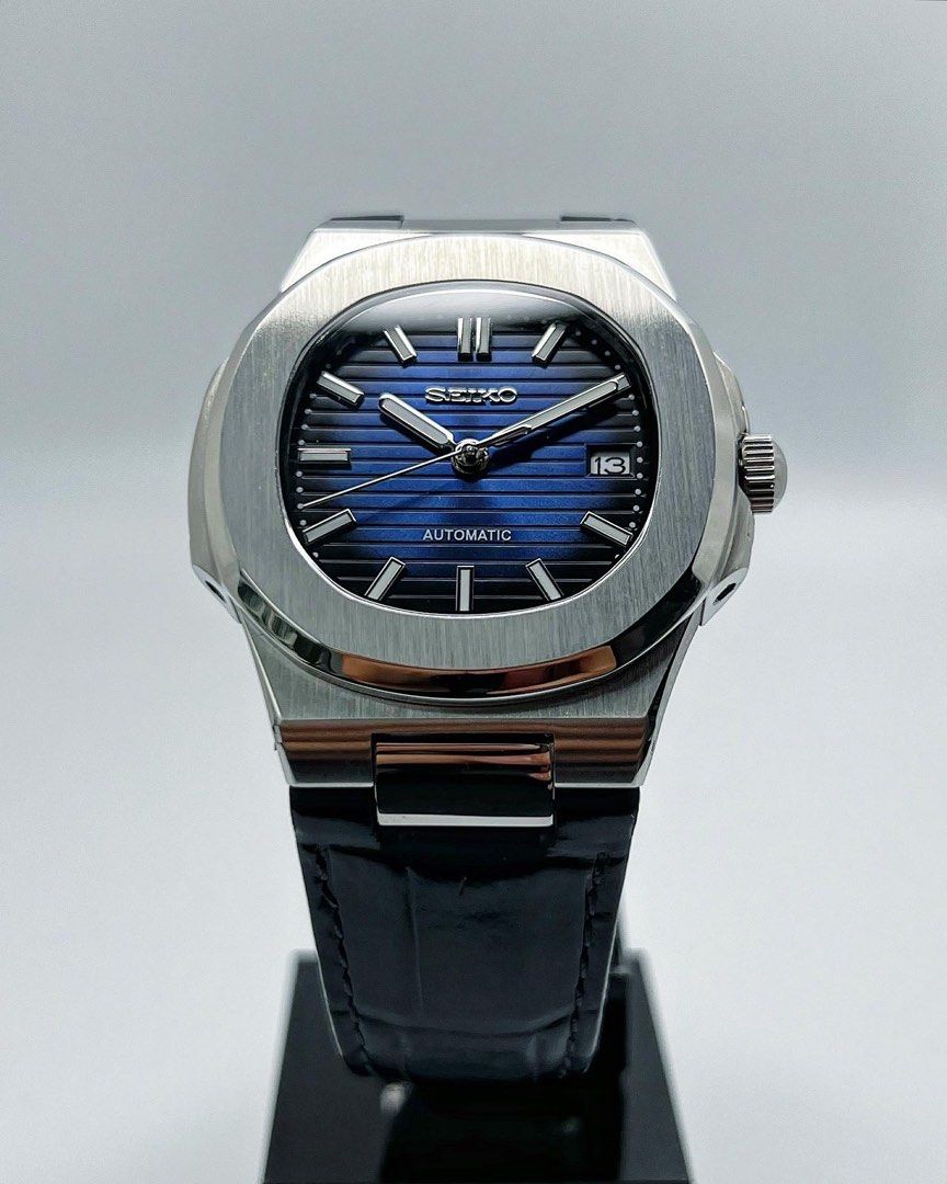 Custom Seiko Mod Blue Black Faded Nautilus on Leather in 40mm, Men's  Fashion, Watches & Accessories, Watches on Carousell