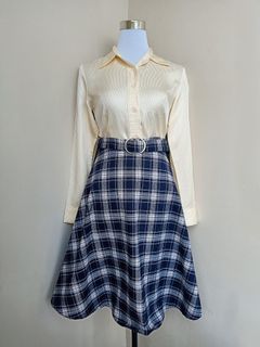 Dark Blue White Beige Vintage Skirt with Belt Korean Classy Trendy Dainty Skirt Pastel Cute Elegant Church Office Wear