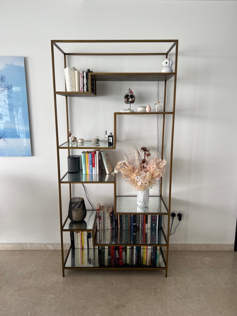 Designer shelf piece from Asiatique, original. Bronze and washed mirror