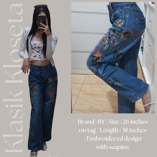 Embroidered Sequins Mid Waist Jeans