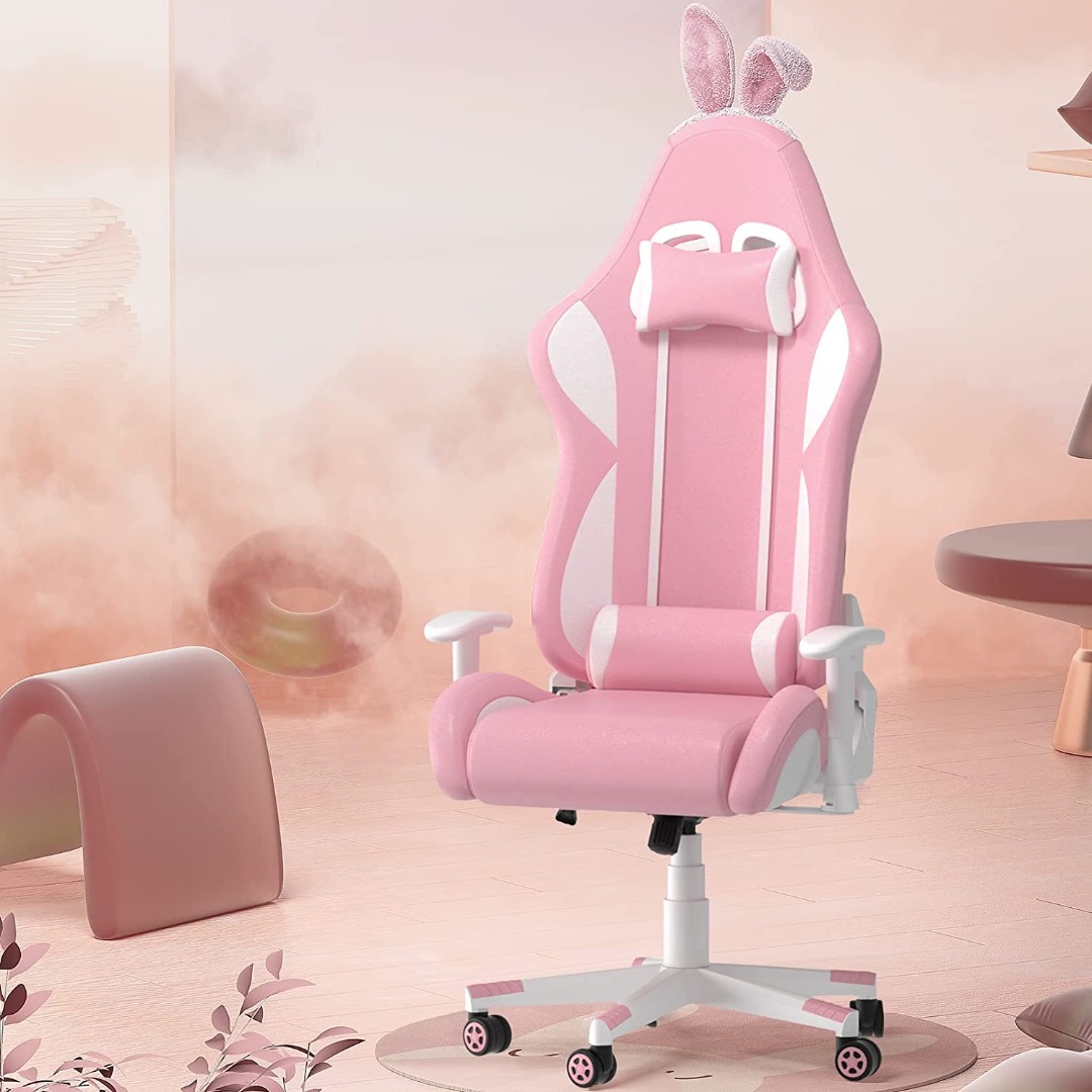 MUZII Pink Gaming Chair Video Game Chairs Racing Office Gaming Chairs for Adults Girls PU Leather Computer Chair PC Gamer Chair with Headrest and Lumbar Support Furniture Home Living Furniture Chairs