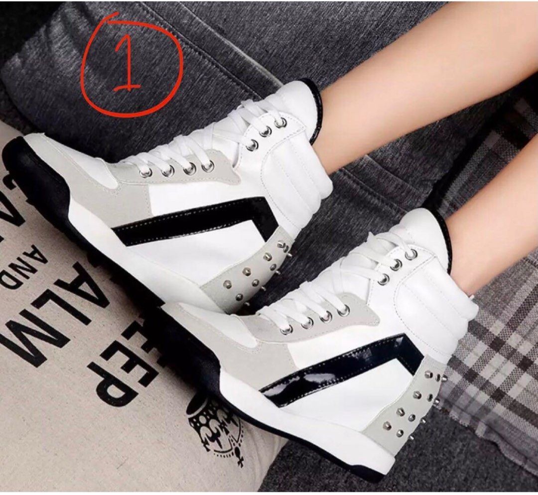 White sneakers store with black heel