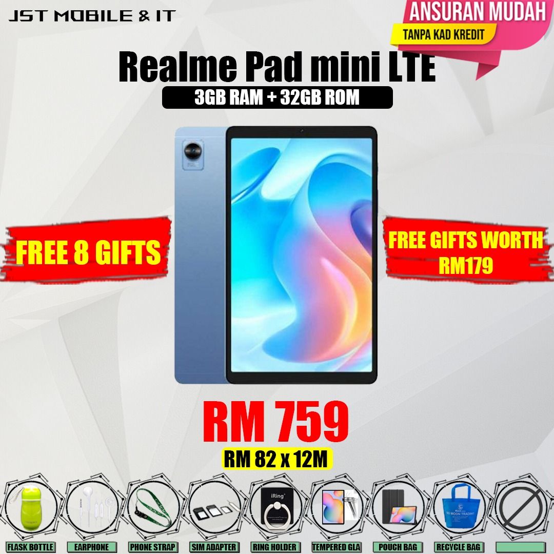 READY STOCK] Realme Pad mini LTE, FREE 8 GIFTS, FREE GIFTS WORTH RM179, 3GB RAM + 32GB ROM, 8.7inch