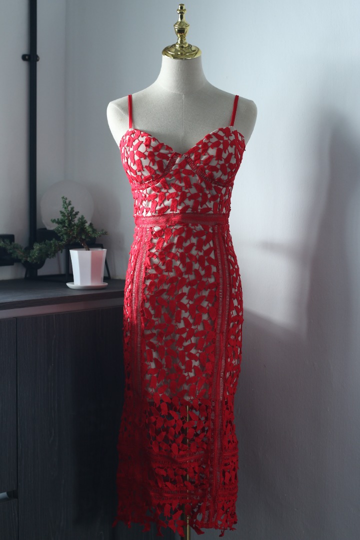Sleeveless Midi Dress with Lace Panels - Red main image 1