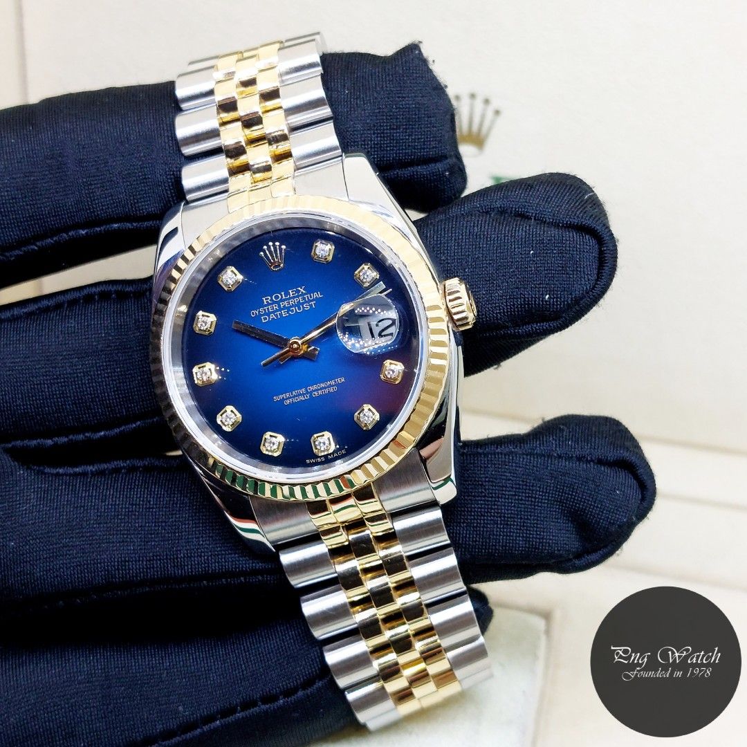 Rolex 36mm Oyster Perpetual Fluted Bezel 18K Half Yellow Gold Blue