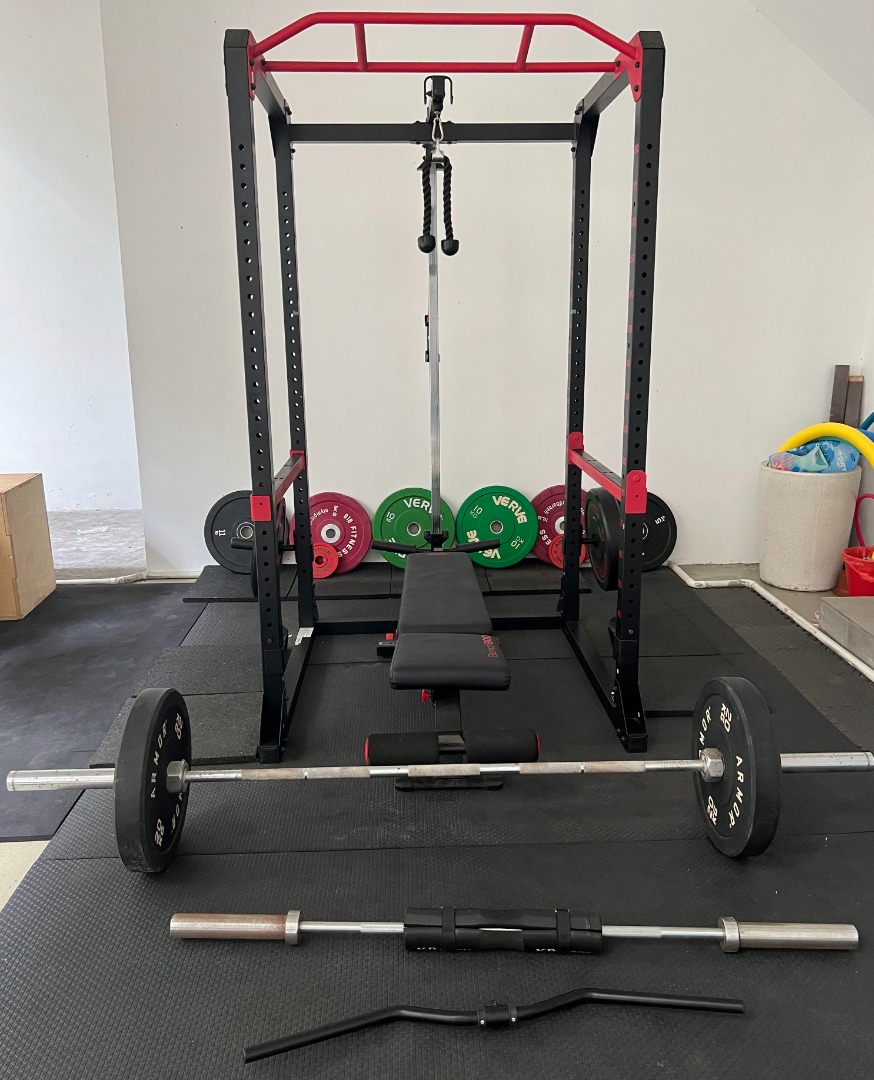 Squat Rack, Bench, Barbells, and Weights, Sports Equipment, Exercise