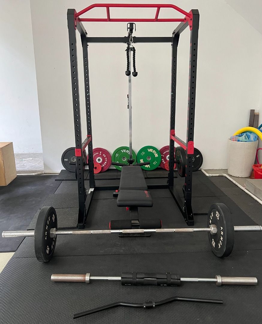 Squat Rack, Bench, Barbells, and Weights, Sports Equipment, Exercise