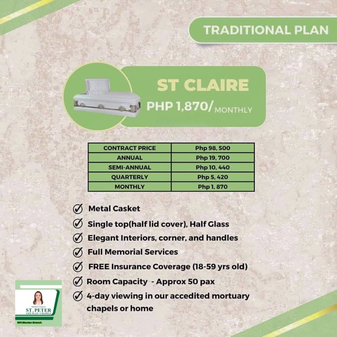 St. Peter Memorial Plan with Life Insurance (Category: Announcements) located in Paranaque City. Submitted by nm_essentials (Listing ID 1216289794, Image 3). Description: St. Peter Life Plan Advantages: ✅ NO MEDICAL EXAMINATION REQUIRED ✅ TRANSFERABILITY – Pwede mong ibenta sa iba ang PLAN mo kung nanaisin mo. ✅ ASSIGNABILITY – Pwede mong ipasa sa taong kakamatay lang ang plan mo kung nanaisin mo. ✅ UNPAID BALANCED DEEMED PAID – Kung ang plan hol