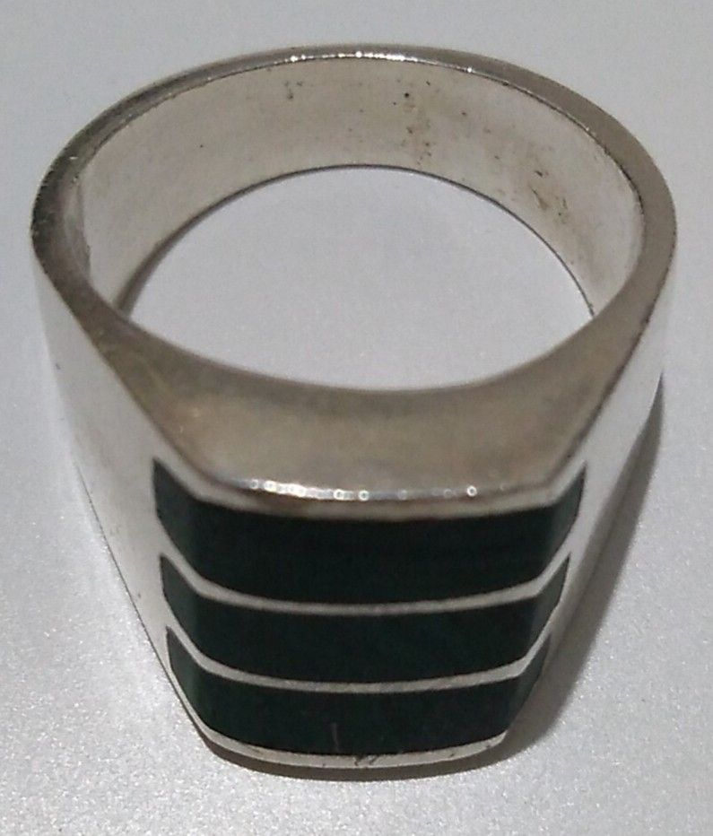 Vintage Mexican Solid 925 Sterling Silver Malachite Inlay Ring