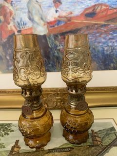 Vintage Pair of Amber Glass Oil Lamps • Stained Glass with Wick and Chimney • made in Hong Kong