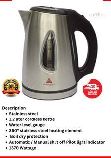 Water Kettle HWK 112SS HWK-112SS  HANABISHI Cordless Removable & Washable filter 1.2 Liters
