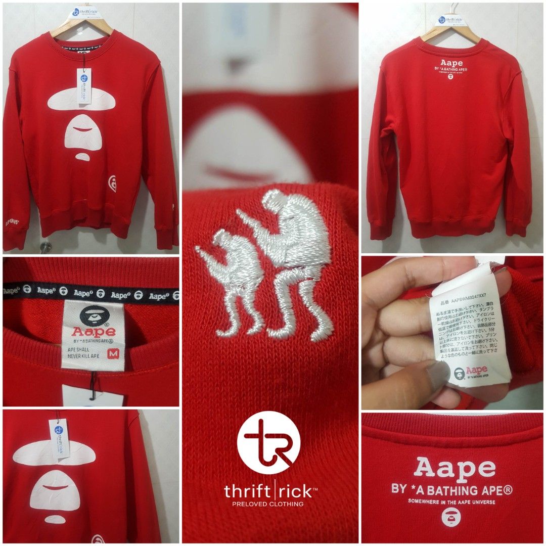 AAPE By *A Bathing Ape Crew neck Sweatshirt (Red) (Category: Tshirts & Polo Shirts ) located in Indang. Submitted by thriftrick (Listing ID 1219968146, Image 2). Description: Size: Medium on Tag Dimes: 20W ×25L Condition: Very Good (like new) Color Rate: 9.5/10 Issue: Slightly loose stitching on the neck area but very minimal ( see photos for reference); needs wash Mode of Payment: Gcash Shipping: Shopee checkout or J&T Express Strictly payment f