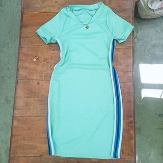 Aqua Blue Green Bodycon Dress with Blue & White Lining