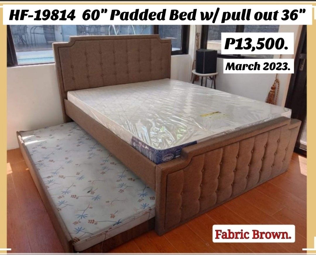 DV-19814 Malaysian Bed Frame w Pull out 36" Brown Fabric (Category: Bed Frames & Mattresses) located in Binan City. Submitted by mark.365 (Listing ID 1104887687, Image 1). Description: DV-19814 60" Malaysian Padded Bed Frame w Pull out 36" w Brown Fabric P13,500. March 2023. New Price Pls like us on FB. Bonifacio NBE Sales Center..