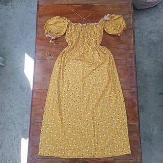 Floral Yellow Summer Dress Puff Sleeves Comfortable Wear (Small Stretchable)