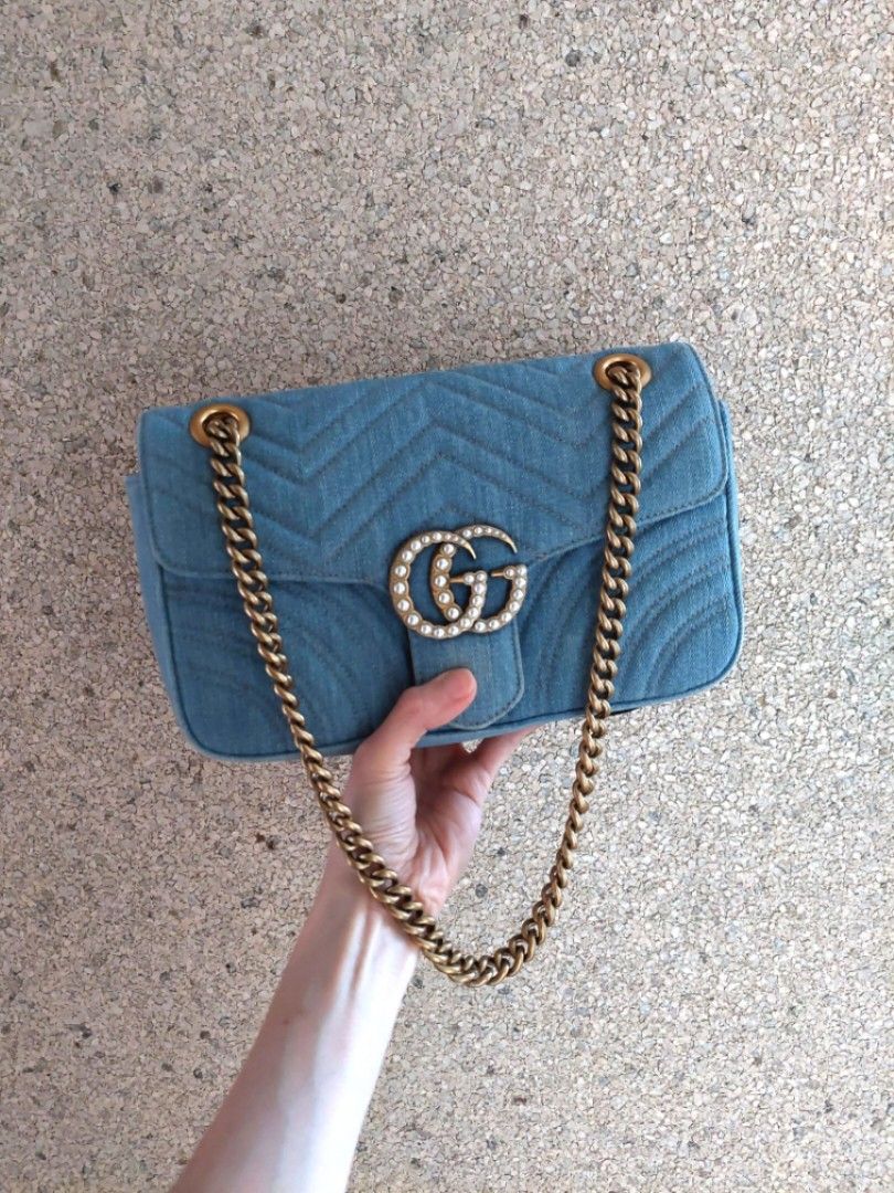 Great condition Gucci small marmont in demin and pearl GG
