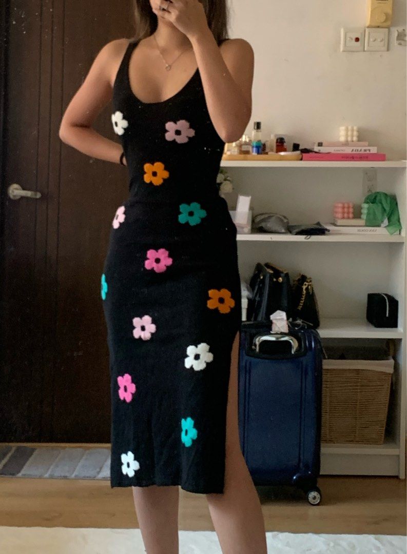 h m black knit floral midi dress Women s Fashion Dresses Sets