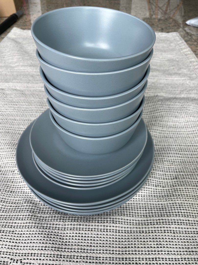 IKEA blue grey 18piece dinnerware (with giveaway cutlery), Furniture & Home Living, Kitchenware