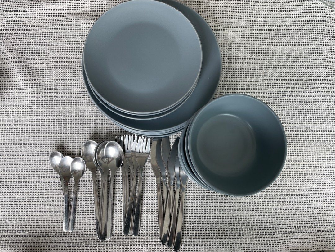 IKEA blue grey 18piece dinnerware (with giveaway cutlery), Furniture & Home Living, Kitchenware