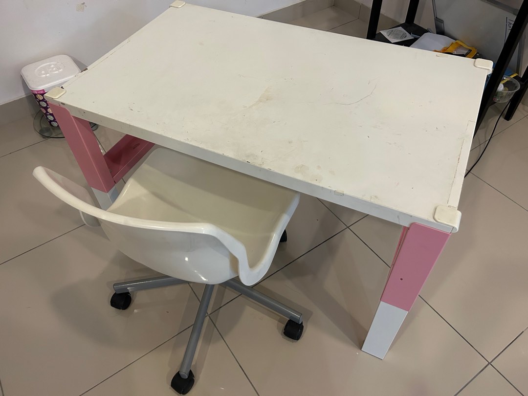 Ikea child pink and white desk with white chair, Furniture & Home