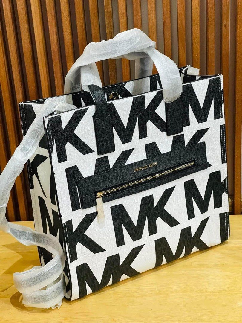 Michael kors kenly large tote crossbody optic white graphic logo black mk  multi
