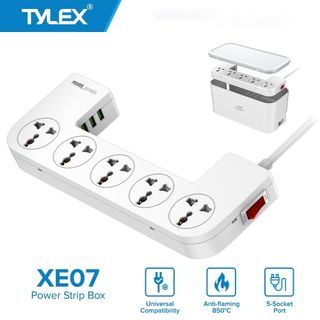 Tylex XE07 Power Strip Box 5 Universal Socket Port + 3 USB Charging Port 2M Thicken Copper Cord