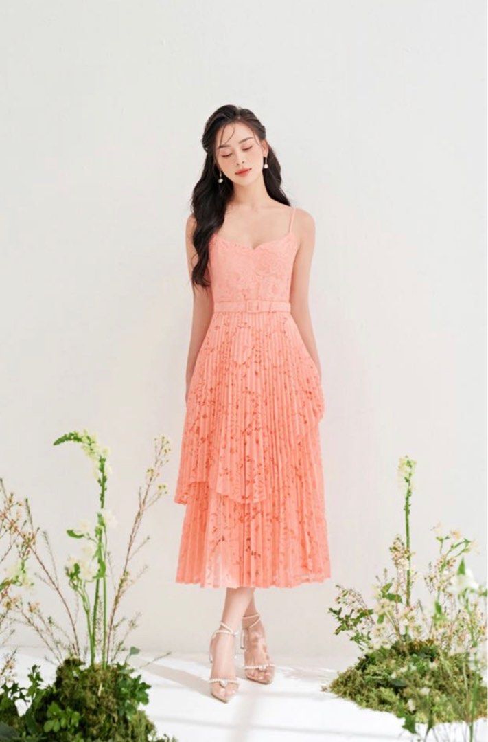Pleated lace sales midi dress
