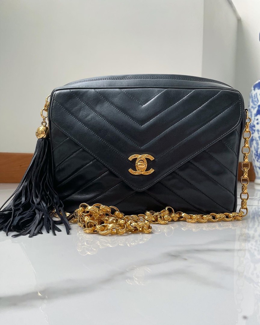 Vintage Chanel Chevron Camera Bag in Black Lambskin with 24k