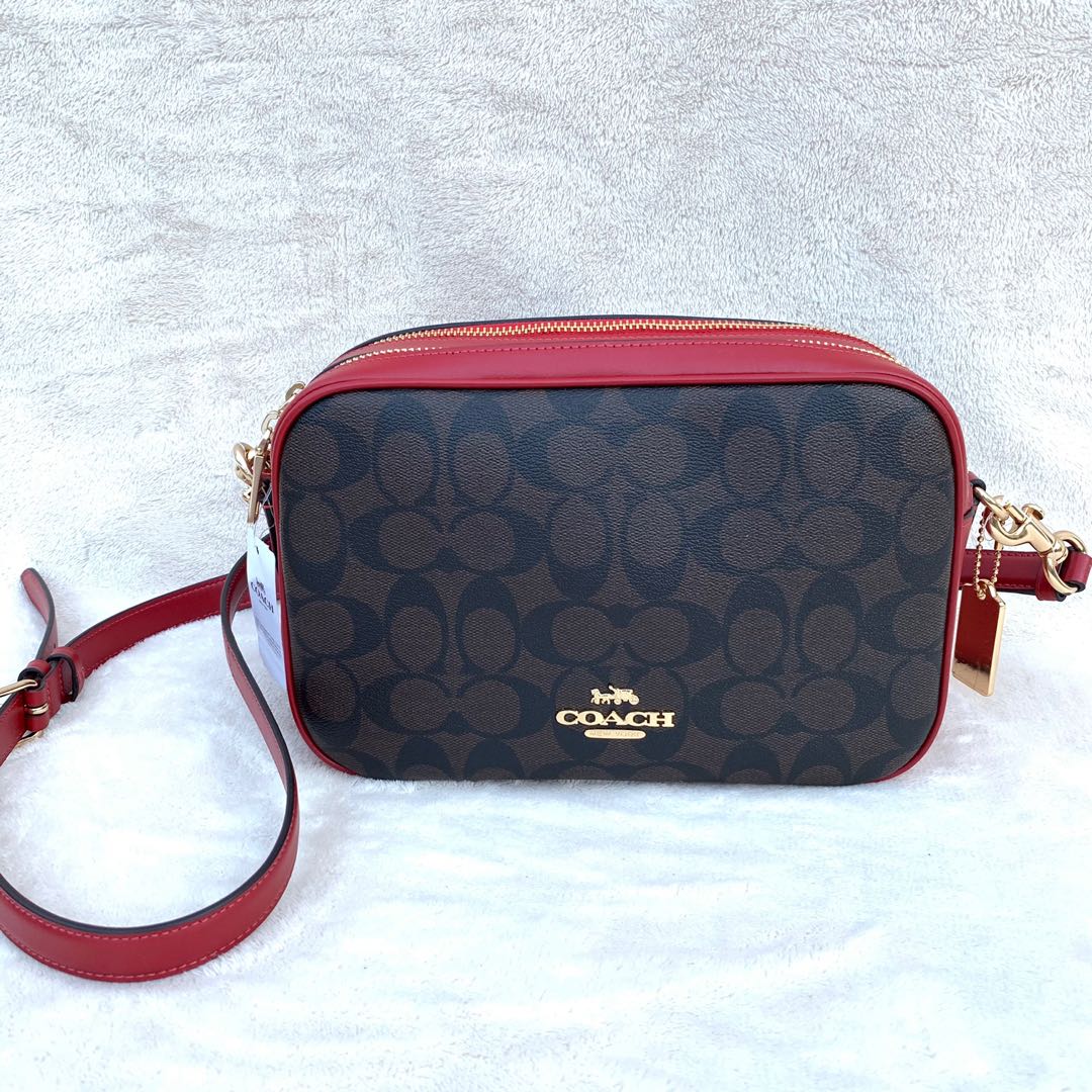 100 AUTH COACH Jes signature mahogany red double zip camera crossbody