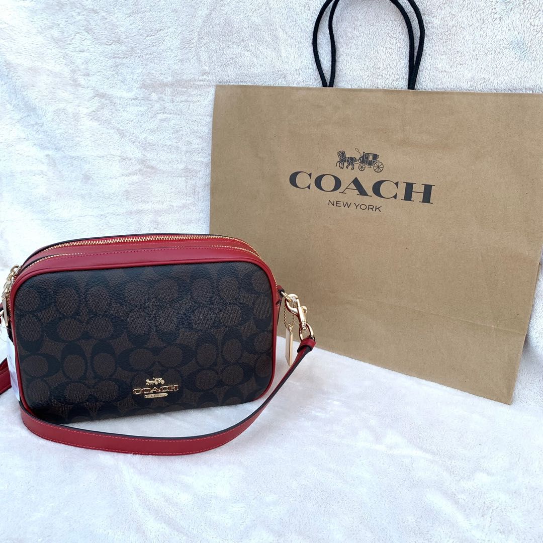 100 AUTH COACH Jes signature mahogany red double zip camera crossbody