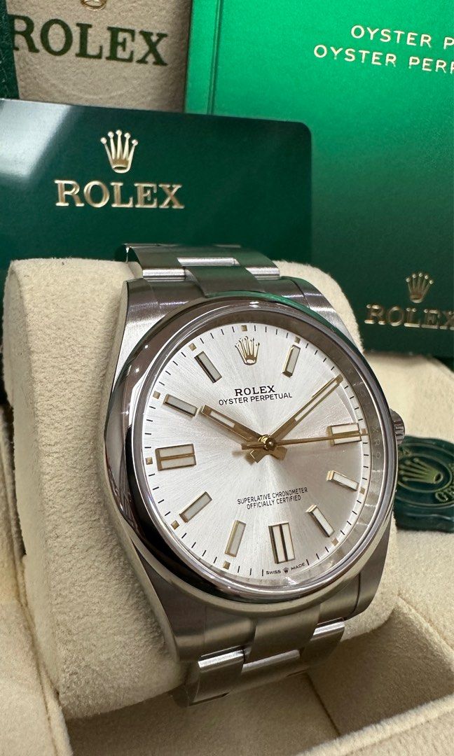 2023 Rolex OP 41 “Silver” (Category: Luxury Watches) located in Makati City. Submitted by grail_luxury (Listing ID 1212836939, Image 3). Description: 2023 Rolex OP 41 Dial: Silver Sunburst 18CT Gold Hands and Markers Case: 41MM Year: AUG 2023 Brand New Ref: 124300 Complete store inclusions Direct Owner .