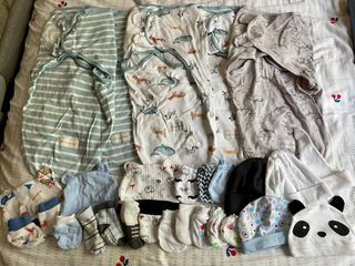 Baby swaddle, socks, mittens & caps