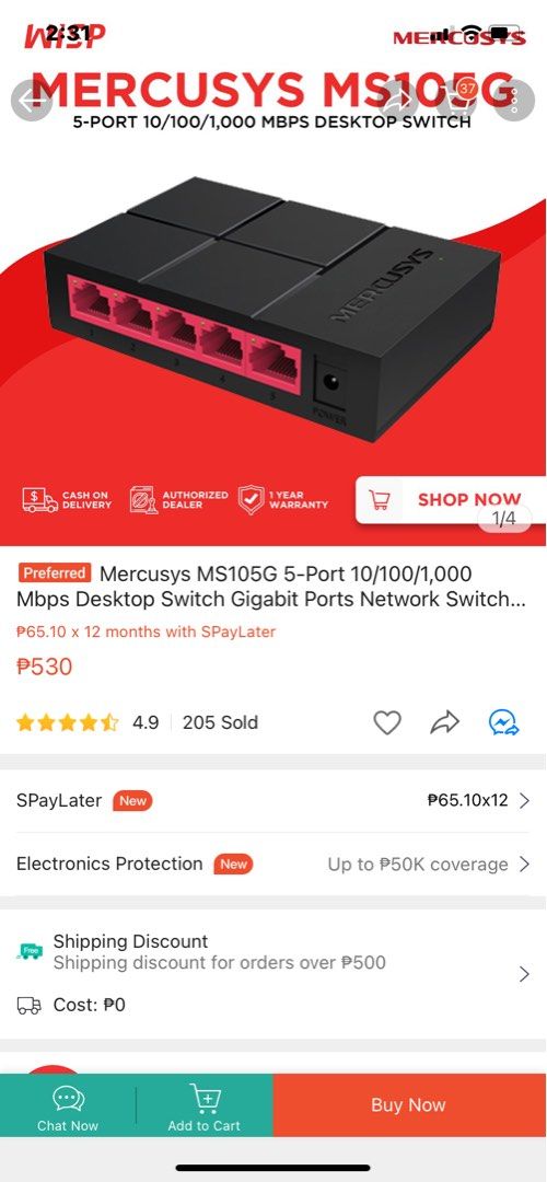 Bnew mercusys port switch (Category: Networking) located in Bulacan. Submitted by ellehcco (Listing ID 1220221498, Image 2). Description: Bnew without box Mercusys 5port switch hub Gcash payment Shipping via shopee.