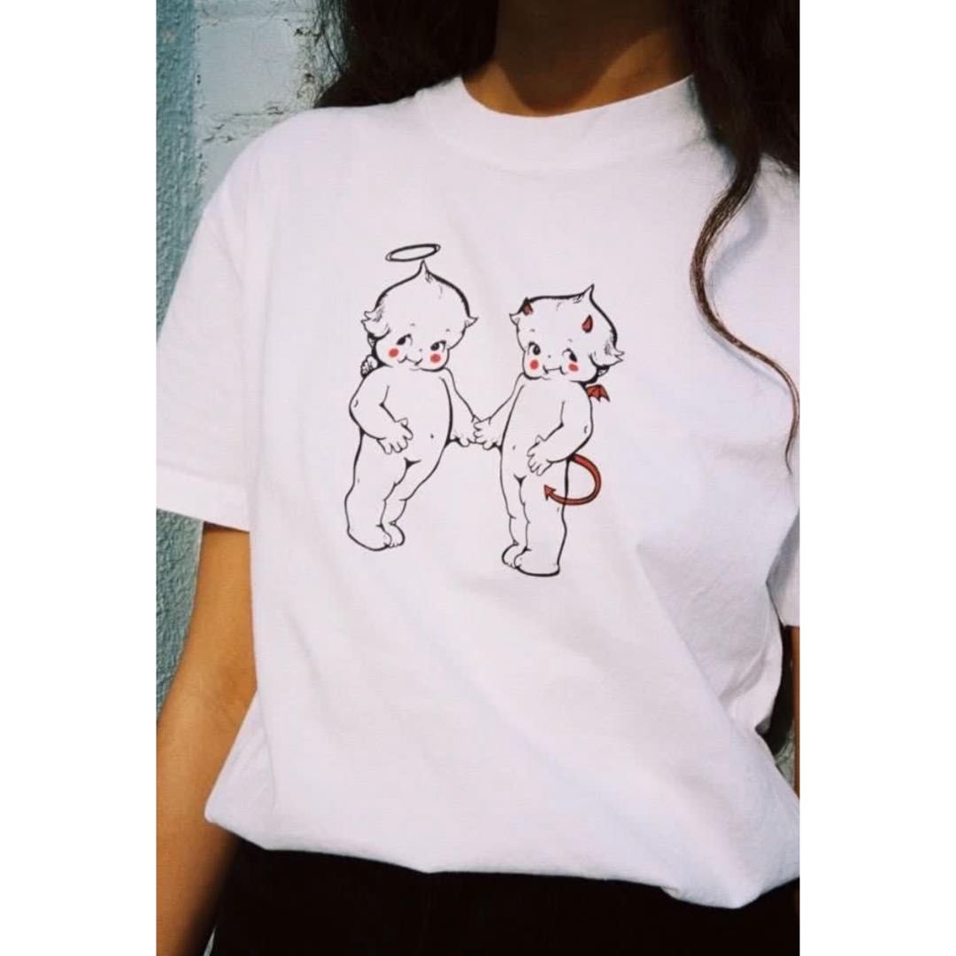 Brandy Melville Kaitlynn Angel and Devil Baby Oversized Top in White on