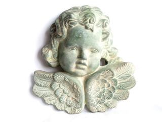 Cherubim wall hanging, moulded terracotta in paint washed green, 9 in. L x 9 in. W, never used
