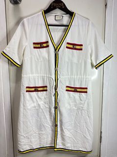 Gucci White/Multicolor Web Trim Panther Buttons Dress