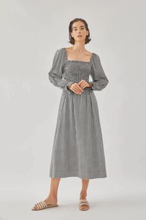 Klarra Cotton Shirred Midi Dress In Checkered