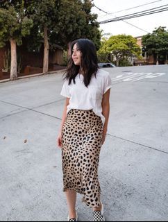 leopard print silk midi skirt