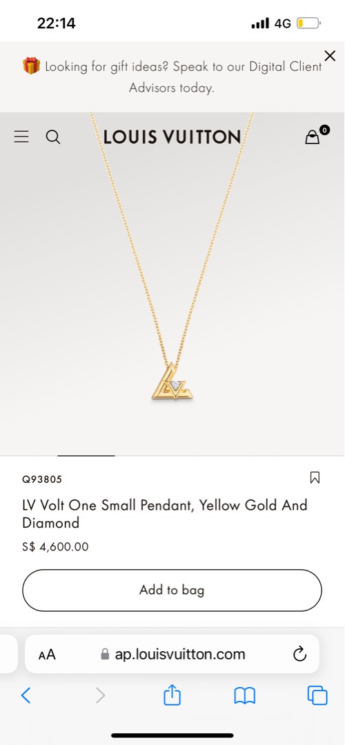 Louis Vuitton LV Volt One Small Pendant, Yellow Gold and Diamond Gold. Size NSA