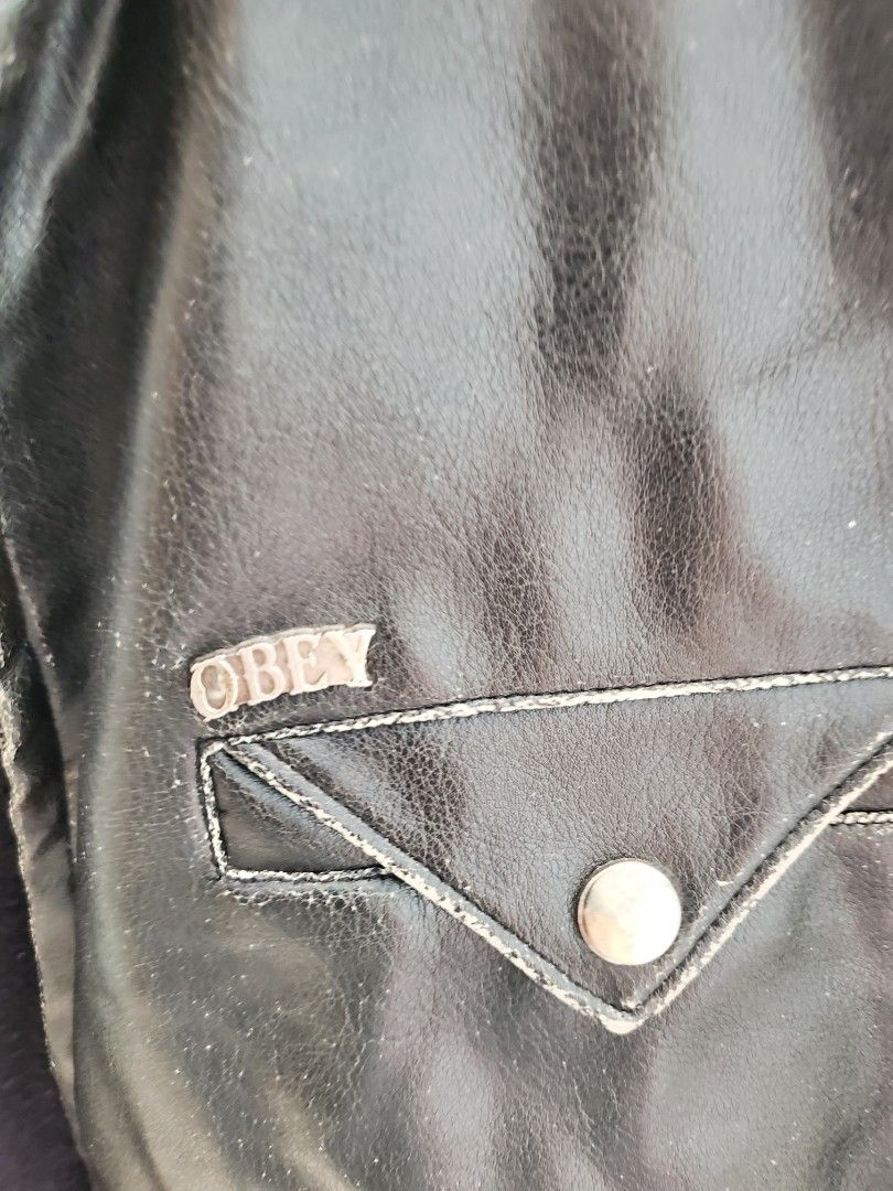 Obey leather store jacket with hood