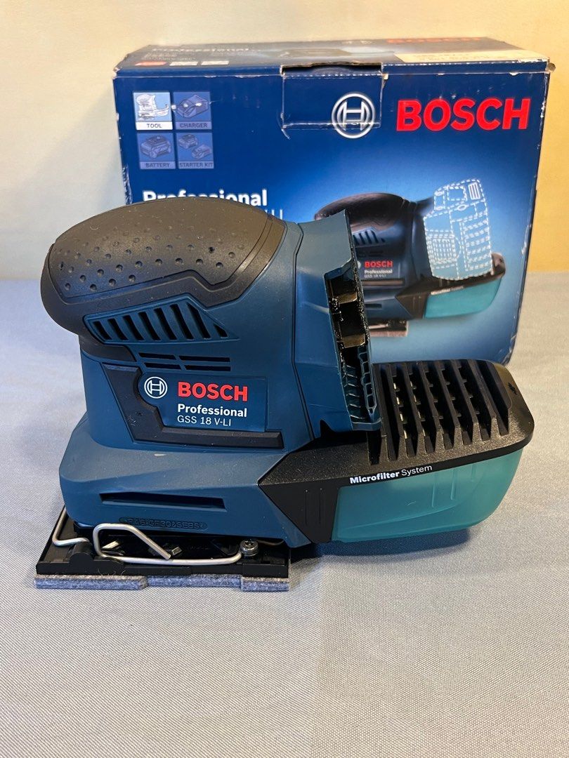 Orbital Sander (Category: Construction Tools & Equipment) located in Quezon City. Submitted by lucas_luxuries (Listing ID 1220253923, Image 1). Description: Bosch GSS 18V Orbital Sander Product Details: Battery voltage: 18 V No-load Orbital stroke rate: 22,000 opm Oscillating circuit diameter: 1.6 mm Sanding Surface: Sanding plate, width:113 mm Sanding plate, length: 101 mm Sanding surface: 114 cm² Sanding sheet for clamping, width: 115 mm Sandin