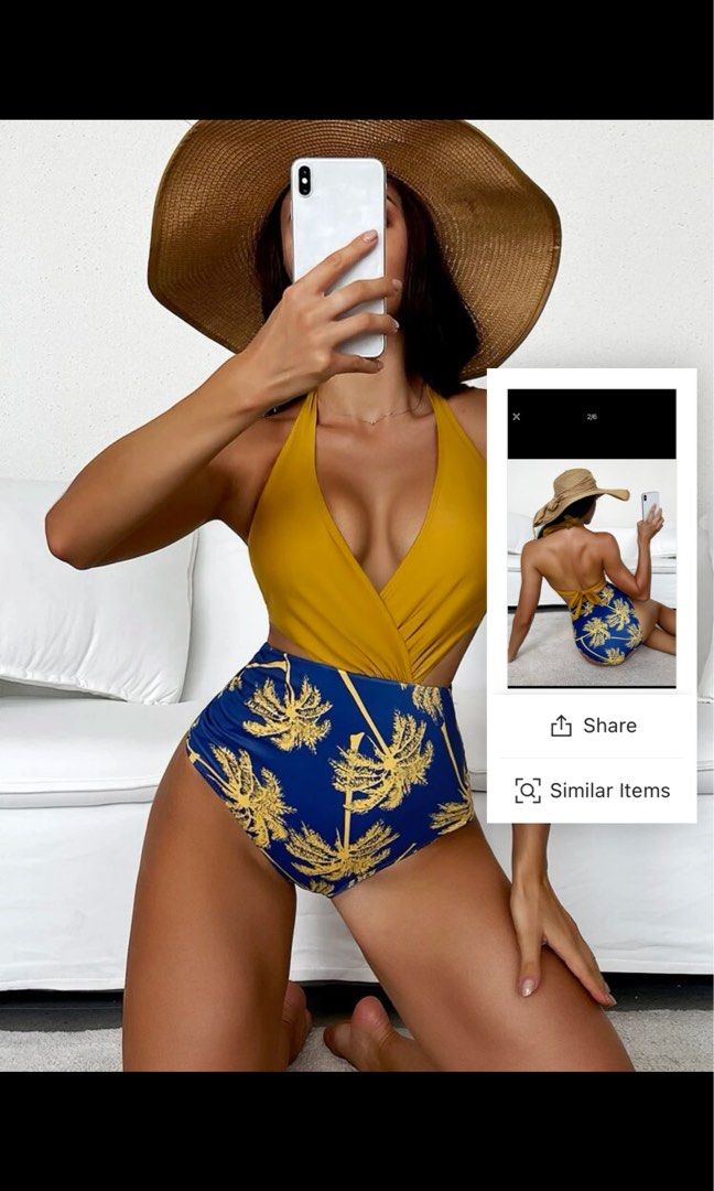 Women’s Palm Tree Print One Piece Swimsuit with Front Cut-Out Detail