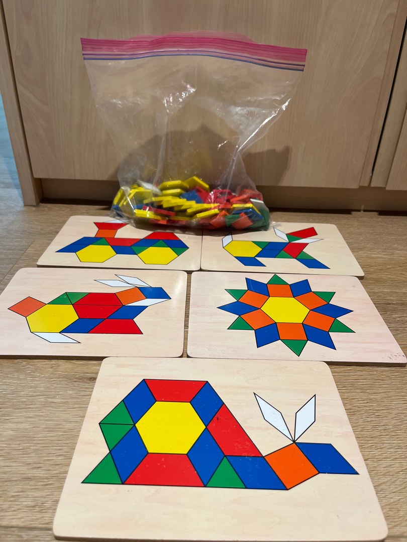 Pattern Blocks and Boards With Solid Wood Shapes and 5 Double-Sided ...