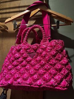 PRADA Yarn Raffia Effect Crochet Embroidered Small Logo Tote