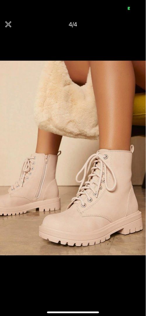 SHEIN Faux Nubuck Laceup Combat Boots in Women's Fashion