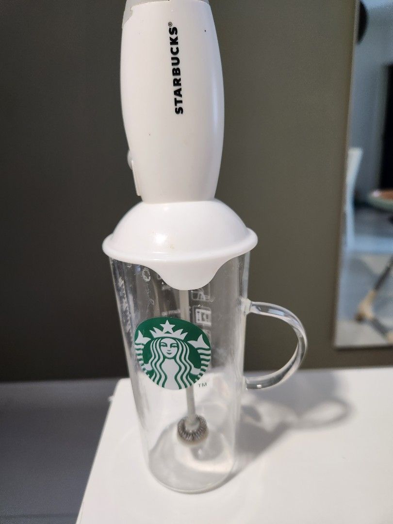 Starbucks Milk frother & cup set heat resistant glass white USED