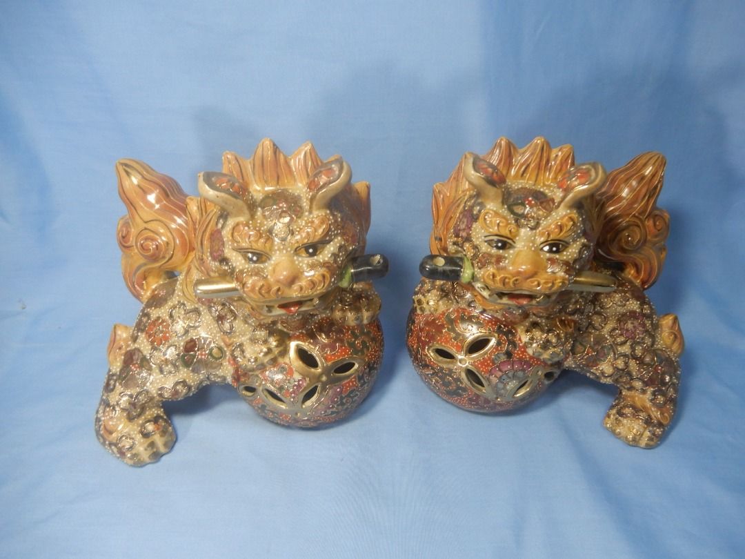 Vintage Satsuma ceramic foo dogs pair circa mid 20th Century retired