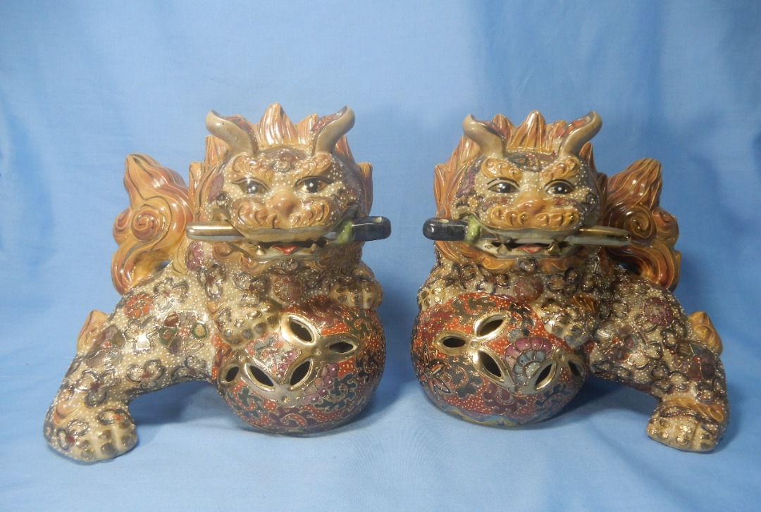 Vintage Satsuma ceramic foo dogs pair circa mid 20th Century retired