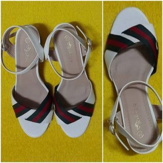 White with Green and Red Stripes Band Detail Ankle Strap Blocked Heeled Sandals / Heels / Shoes ( Gucci Inspired )