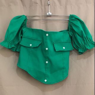 Y2k forest green puffed sleeve cropped top